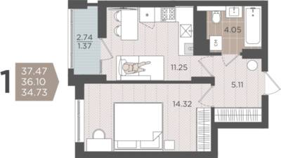 1-комнатная квартира 36,1 м² в ЖК Севен, Калининград — фото 1