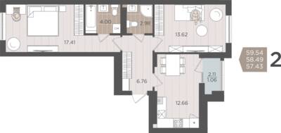 2-комнатная квартира 58,49 м² в ЖК Севен, Калининград — фото 1