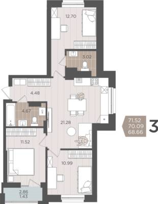 3-комнатная квартира 70,09 м² в ЖК Севен, Калининград — фото 1