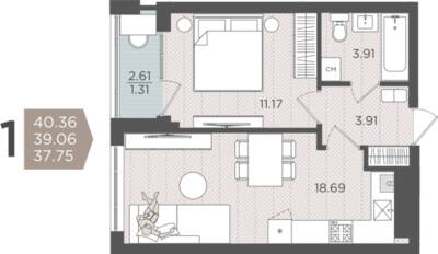 1-комнатная квартира 39,06 м² в ЖК Севен, Калининград — фото 1