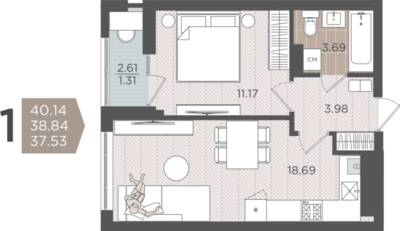 1-комнатная квартира 38,84 м² в ЖК Севен, Калининград — фото 1