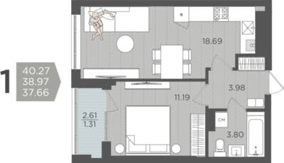 1-комнатная квартира 38,97 м² в ЖК Севен, Калининград — фото 1