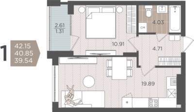 1-комнатная квартира 40,85 м² в ЖК Севен, Калининград — фото 1