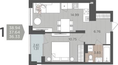 1-комнатная квартира 37,64 м² в ЖК Севен, Калининград — фото 1