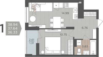 1-комнатная квартира 37,64 м² в ЖК Севен, Калининград — фото 1