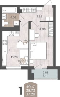 1-комнатная квартира 38,73 м² в ЖК Севен, Калининград — фото 1