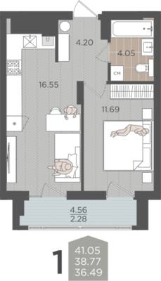 1-комнатная квартира 38,77 м² в ЖК Севен, Калининград — фото 1