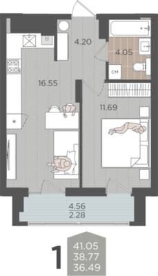 1-комнатная квартира 38,77 м² в ЖК Севен, Калининград — фото 1