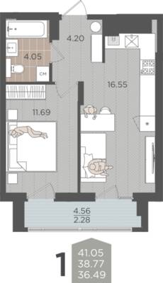 1-комнатная квартира 38,77 м² в ЖК Севен, Калининград — фото 1