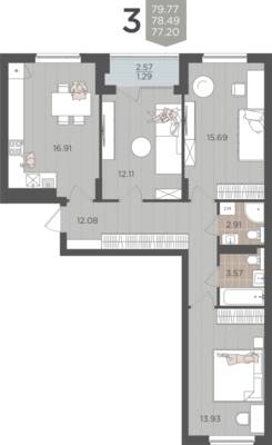 3-комнатная квартира 78,49 м² в ЖК Севен, Калининград — фото 1