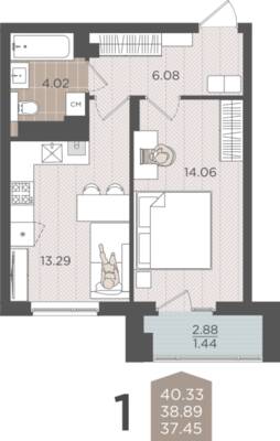 1-комнатная квартира 38,89 м² в ЖК Севен, Калининград — фото 1