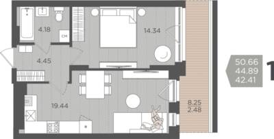 1-комнатная квартира 44,89 м² в ЖК Севен, Калининград — фото 1