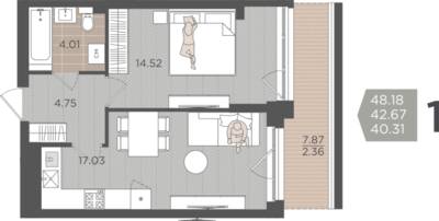 1-комнатная квартира 42,67 м² в ЖК Севен, Калининград — фото 1
