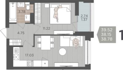 1-комнатная квартира 38,15 м² в ЖК Севен, Калининград — фото 1