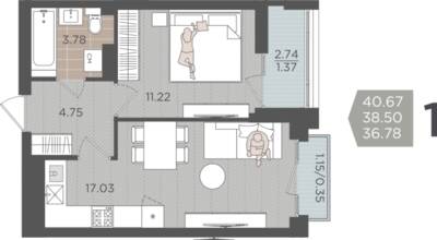 1-комнатная квартира 38,5 м² в ЖК Севен, Калининград — фото 1