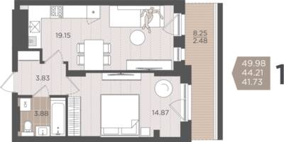 1-комнатная квартира 44,21 м² в ЖК Севен, Калининград — фото 1