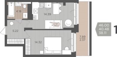 1-комнатная квартира 40,48 м² в ЖК Севен, Калининград — фото 1