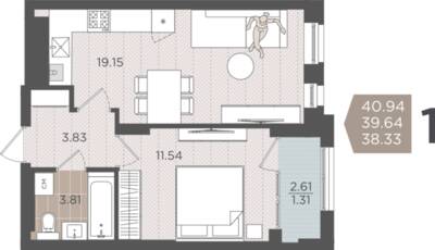 1-комнатная квартира 39,64 м² в ЖК Севен, Калининград — фото 1