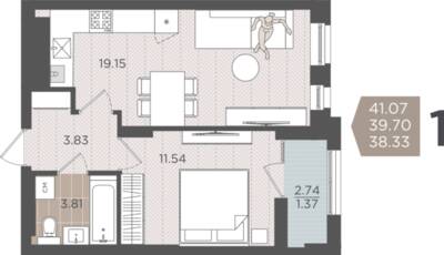 1-комнатная квартира 39,7 м² в ЖК Севен, Калининград — фото 1