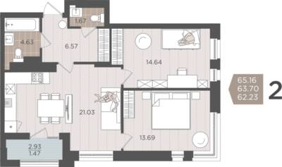 2-комнатная квартира 63,7 м² в ЖК Севен, Калининград — фото 1