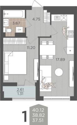 1-комнатная квартира 38,82 м² в ЖК Севен, Калининград — фото 1