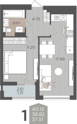 1-комнатная квартира 38,82 м² в ЖК Севен, Калининград — фото 1