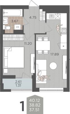 1-комнатная квартира 38,82 м² в ЖК Севен, Калининград — фото 1