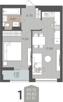 1-комнатная квартира 38,82 м² в ЖК Севен, Калининград — фото 1