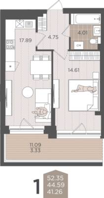 1-комнатная квартира 44,59 м² в ЖК Севен, Калининград — фото 1