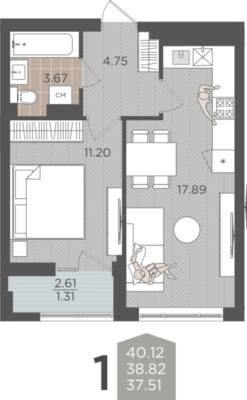 1-комнатная квартира 38,82 м² в ЖК Севен, Калининград — фото 1