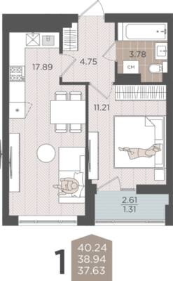 1-комнатная квартира 38,94 м² в ЖК Севен, Калининград — фото 1