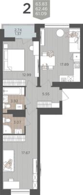 2-комнатная квартира 62,46 м² в ЖК Севен, Калининград — фото 1
