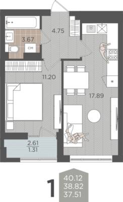 1-комнатная квартира 38,82 м² в ЖК Севен, Калининград — фото 1