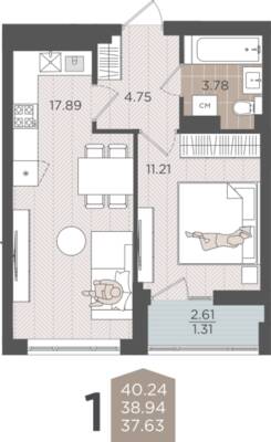 1-комнатная квартира 38,94 м² в ЖК Севен, Калининград — фото 1