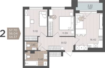 2-комнатная квартира 56,04 м² в ЖК Севен, Калининград — фото 1