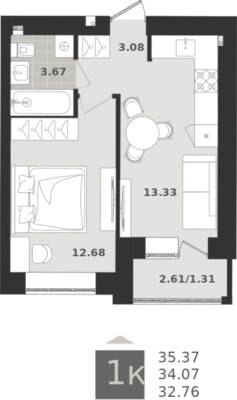 1-комнатная квартира 34,07 м² в ЖК Этюд, Калининград — фото 1