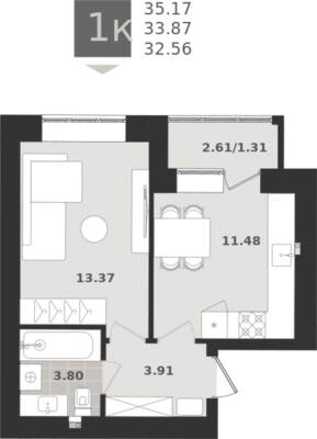 1-комнатная квартира 33,87 м² в ЖК Этюд, Калининград — фото 1