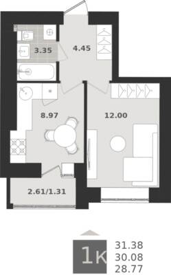 1-комнатная квартира 30,08 м² в ЖК Этюд, Калининград — фото 1
