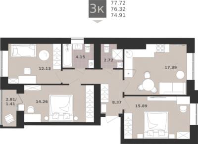 3-комнатная квартира 76,32 м² в ЖК Этюд, Калининград — фото 1