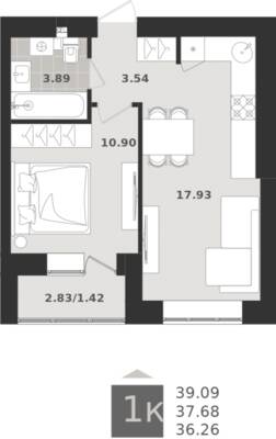 1-комнатная квартира 37,68 м² в ЖК Этюд, Калининград — фото 1