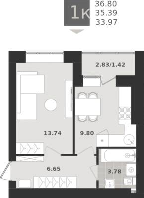 1-комнатная квартира 35,39 м² в ЖК Этюд, Калининград — фото 1