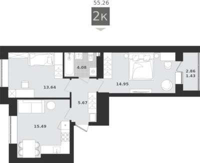 2-комнатная квартира 55,26 м² в ЖК Этюд, Калининград — фото 1