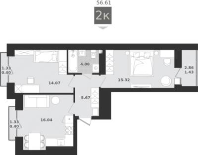 2-комнатная квартира 57,41 м² в ЖК Этюд, Калининград — фото 1