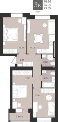 3-комнатная квартира 74,96 м² в ЖК Этюд, Калининград — фото 1