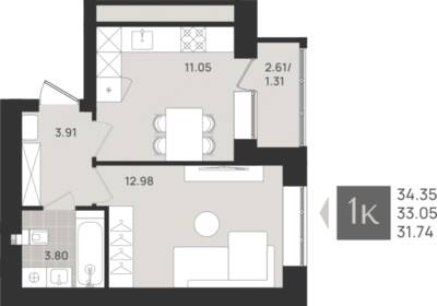 1-комнатная квартира 33,05 м² в ЖК Этюд, Калининград — фото 1