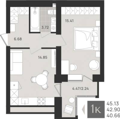 1-комнатная квартира 42,9 м² в ЖК Этюд, Калининград — фото 1