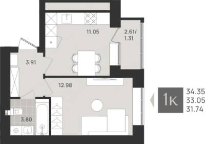 1-комнатная квартира 33,05 м² в ЖК Этюд, Калининград — фото 1