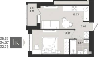 1-комнатная квартира 34,07 м² в ЖК Этюд, Калининград — фото 1