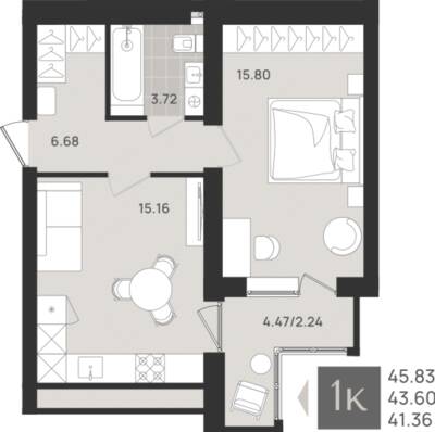 1-комнатная квартира 43,6 м² в ЖК Этюд, Калининград — фото 1