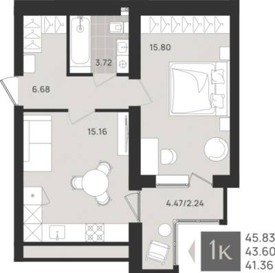 1-комнатная квартира 43,6 м² в ЖК Этюд, Калининград — фото 1